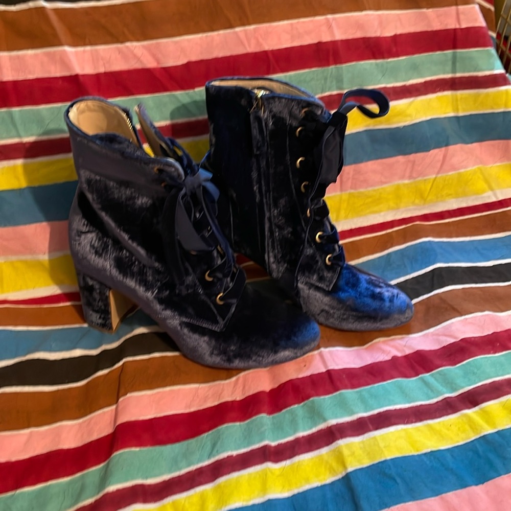 Polly Plume blue velvet booties
